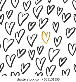 Vector seamless pattern with hand drawn hearts in black and white colors