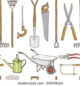 Vector seamless pattern with hand drawn garden tools. Beautiful design elements, perfect for prints and patterns.