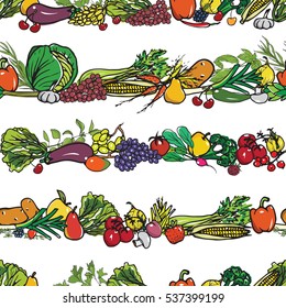Vector seamless pattern with hand drawn rows of vegetables, fruit and berries. Vegetarian healthy illustration. Beautiful food design elements, perfect for prints and patterns