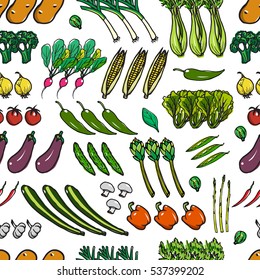 Vector seamless pattern with hand drawn vegetables. Vegetarian healthy illustration. Beautiful food design elements, perfect for prints and patterns