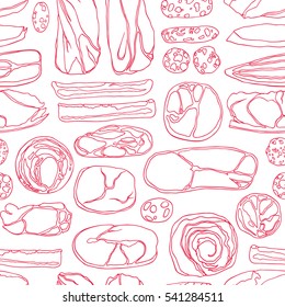 Vector seamless pattern with hand drawn slices of cured meats. Beautiful food design elements, perfect for prints and patterns