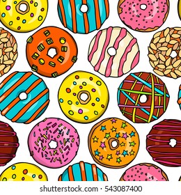 Vector seamless pattern with hand drawn delicious donuts. Beautiful food design elements, perfect for prints and patterns