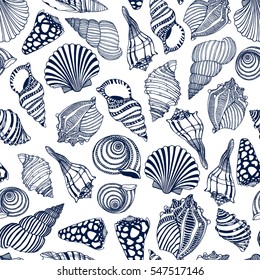 Vector seamless pattern with hand drawn seashells. Beautiful marine design elements, perfect for prints and patterns.