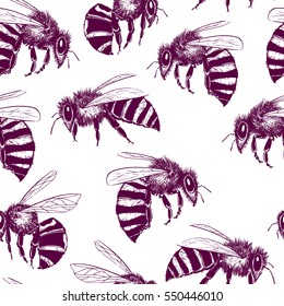 Vector seamless pattern with hand drawn honey bees made in retro style. Beautiful ink drawing