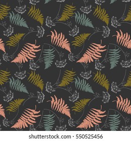 Vector seamless pattern and hand drawn floral elements    ostrich fern leaves   dill flowers  Green  blue  pink   white leaves   flowers dark gray background 