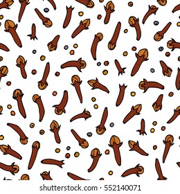 Vector seamless pattern with hand drawn cloves and mustard seeds. Beautiful food design elements, perfect for any business related to the food industry.