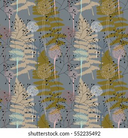 Vector seamless pattern with hand drawn floral elements - ostrich fern leaves, stylized dandelions or dahlias and grasses. 