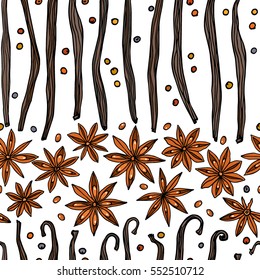 Vector seamless pattern with hand drawn vanilla pods, star anise and mustard seeds. Beautiful food design elements, perfect for any business related to the food industry.