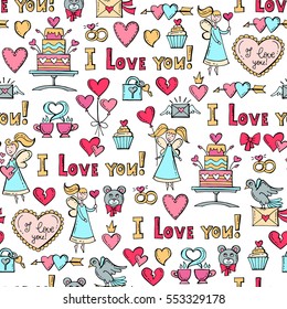 Vector seamless pattern with hand drawn colored symbols of Valentine's Day. Pattern on the theme of love, feelings, relationships, wedding. Background for use in design, packing, fabric