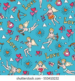 Vector seamless pattern with hand drawn colored symbols of Valentine's Day on blue color. Pattern on the theme of love, feelings, relationships, wedding. Background for use in design, packing, fabric