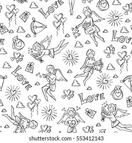 Vector seamless pattern with hand drawn colored symbols of Valentine's Day on white color. Pattern on the theme of love, feelings, relationships, wedding. Background for use in design, packing, fabric