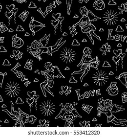 Vector seamless pattern with hand drawn colored symbols of Valentine's Day on black color. Pattern on the theme of love, feelings, relationships, wedding. Background for use in design, packing, fabric
