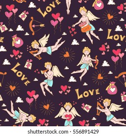 Vector seamless pattern with hand drawn colored symbols of Valentine's Day on dark purple color. Pattern on the theme of love, feelings, relationships, wedding. Background for use in design