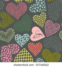 Vector seamless pattern in with hand drawn sketch hearts. Endless background for fabric, textile, wrapping. Valentine Day, Love, wedding, romantic theme for decoration and design.