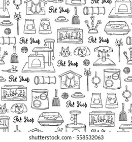 Vector seamless pattern with hand drawn isolated goods for pet shop on white color. Pattern on the theme of pets.  Background for use in design, packing, fabric