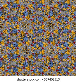 Vector seamless pattern with hand drawn doodle fish with ornament. Pastel colors - yellow, white on light grey background