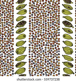 Vector seamless pattern with hand drawn spices. Beautiful food design elements, perfect for any business related to the food industry.