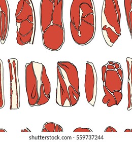 Vector seamless pattern with hand drawn slices of cured meats. Beautiful food design elements, perfect for prints and patterns