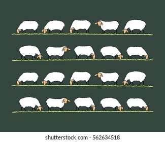 Vector seamless pattern with hand drawn sheep herd eating fresh grass on a meadow. Beautiful design elements, cute animal characters. Horizontal rows.