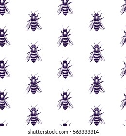 Vector seamless pattern with hand drawn honey bees made in retro style. Beautiful ink drawing