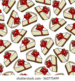 Vector seamless pattern with hand drawn delicious desserts with red berries. Beautiful food design elements, perfect for prints and patterns