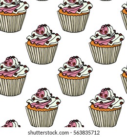 Vector seamless pattern with hand drawn delicious cupcakes with chocolate chips. Beautiful food design elements, perfect for prints and patterns