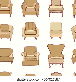 Vector seamless pattern with hand drawn accent chair set. Beautiful design elements, perfect for any business related to the furniture industry.