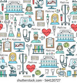 Vector seamless pattern with hand drawn colored symbols of hospital, pharmacy. Pattern on the theme of medicine, medical equipment. Background for use in design