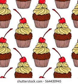 Vector seamless pattern with hand drawn delicious desserts with glazed cherry. Beautiful food design elements, perfect for prints and patterns