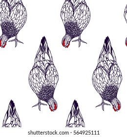 Vector seamless pattern with hand drawn chickens. Graphic style, ink drawing. Beautiful design elements, perfect for prints and patterns