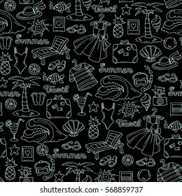 Vector seamless pattern with hand drawn isolated symbols of recreation on black color. Pattern on the theme of summer, travel and tourism. Background for use in design