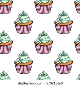 Vector seamless pattern with hand drawn delicious cupcakes. Beautiful food design elements, perfect for prints and patterns