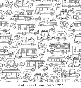 Vector seamless pattern with hand drawn isolated cars on white color. Pattern on the theme of travel and tourism, house on wheels. Background for use in design