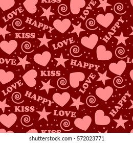 Vector seamless pattern with hand drawn hearts and words love, kiss, happy