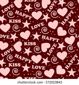 Vector seamless pattern with hand drawn hearts and words love, kiss, happy
