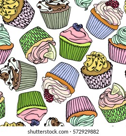 Vector seamless pattern with hand drawn delicious cupcakes. Beautiful food design elements, perfect for prints and patterns