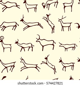 Vector seamless pattern with hand drawn animals made in cave drawings style. Beautiful animalistic design elements.