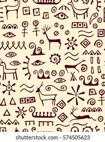 Vector seamless pattern with hand drawn elements made in cave drawings style. Beautiful ancient design elements, perfect for prints and patterns.