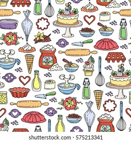 Vector seamless pattern with hand drawn colored cakes. Pattern on the theme of food and kitchen. Background for use in design, packing, fabric, web site