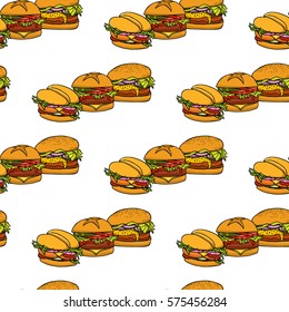 Vector seamless pattern with hand drawn delicious burgers. Beautiful food design elements, perfect for prints and patterns
