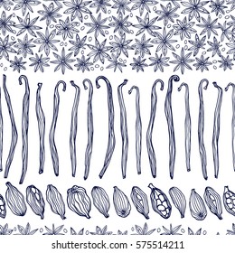 Vector seamless pattern with hand drawn spices. Beautiful food design elements, perfect for any business related to the food industry.