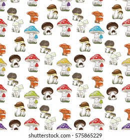 Vector seamless pattern with hand drawn doodle forest mushrooms