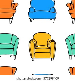 Vector seamless pattern with hand drawn colorful armchairs. Beautiful design elements, perfect for prints and pattern.