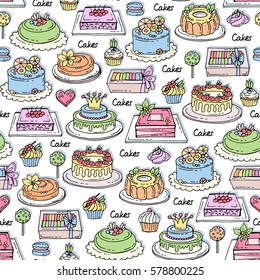 Vector seamless pattern with hand drawn colored cakes. Pattern on the theme of sweets and confectionery. Background for use in design, packing, fabric, web site