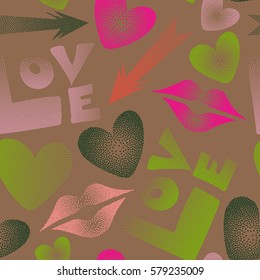 Vector seamless pattern with hand drawn word love, cupid's arrow, lipstick kisses and heart in pink, orange and green colors. Great multicolored print for poster, cards, textile, printing or fabric.