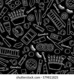 Vector seamless pattern with hand drawn isolated cosmetics on black color. Pattern on the theme of fashion and beauty. Background for use in design, packing, fabric, web site