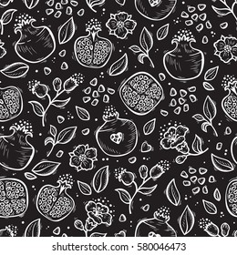 Vector Seamless pattern with Hand drawn Doodle Fruits. Pomegranate Fruit, Flowers and Leaves repeating background. Floral Wallpaper