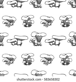 Vector seamless pattern with hand drawn wild mushrooms. Ink drawing, graphic style. Beautiful food design elements, perfect for prints and patterns.