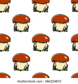 Vector seamless pattern with hand drawn wild mushrooms. Ink drawing, graphic style. Beautiful food design elements, perfect for prints and patterns.