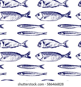 Vector seamless pattern with hand drawn fish species made with chalk. Grunge drawing, graphic style. Perfect print for any business related to the food industry.